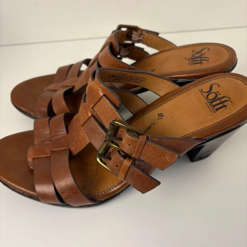Sofft Brown Leather Strappy Buckle Block Heel Sandals - Picture 6 of 8